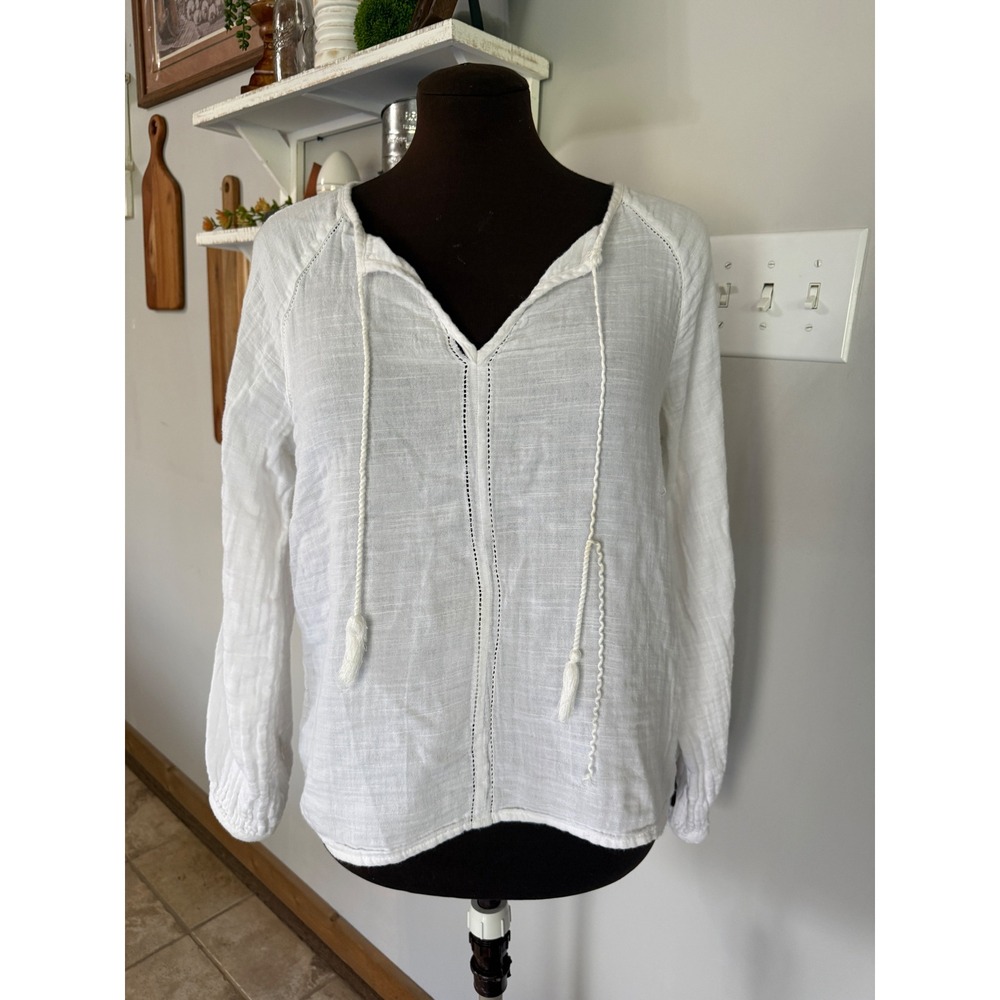 Faherty White Organic Cotton Gauze Tassel Peasant Blouse Top XS‎ cottagecore
